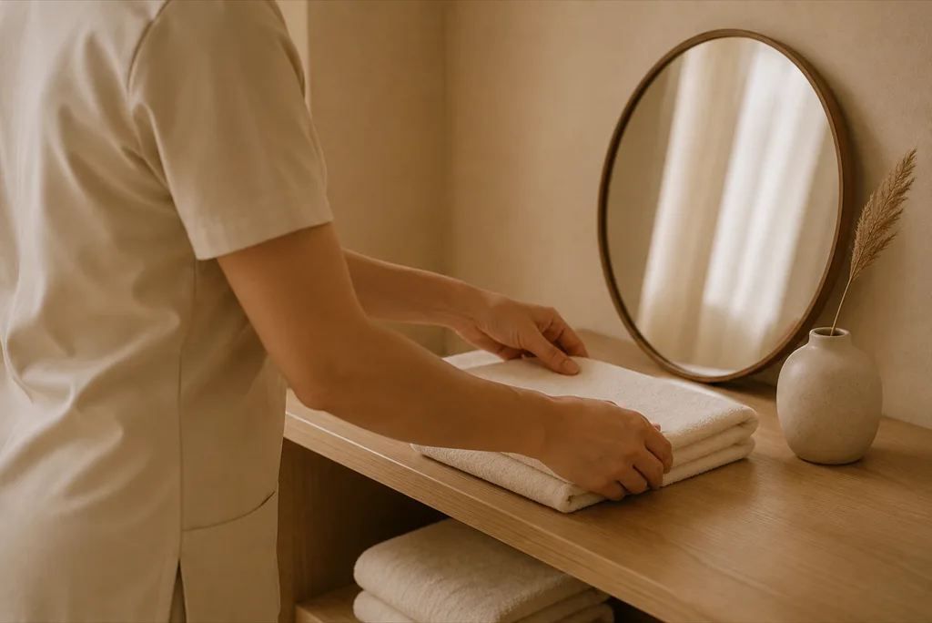 Folded towels being set out on a shelf in a treatment room