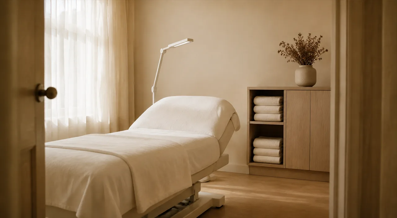 A treatment room with a fresh white couch, a lamp and folded towels