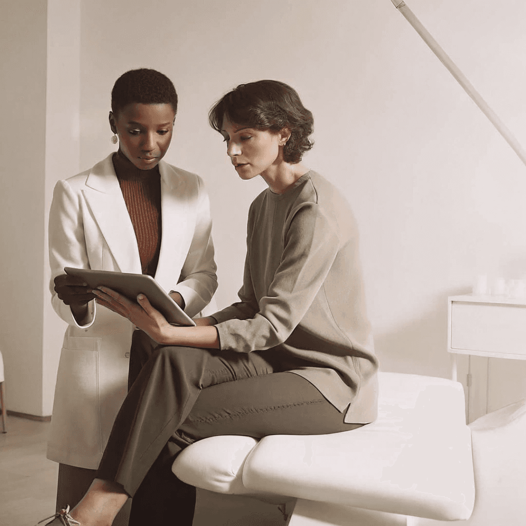 A practitioner discussing a treatment plan with a client at Roniya Aesthetic Clinic