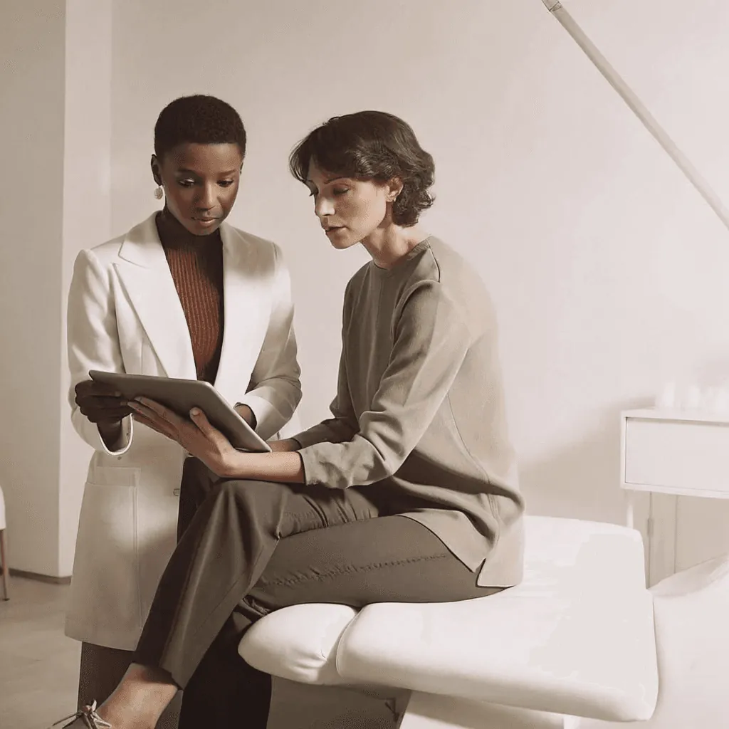 A practitioner talking a client through their treatment plan at Roniya Aesthetic Clinic